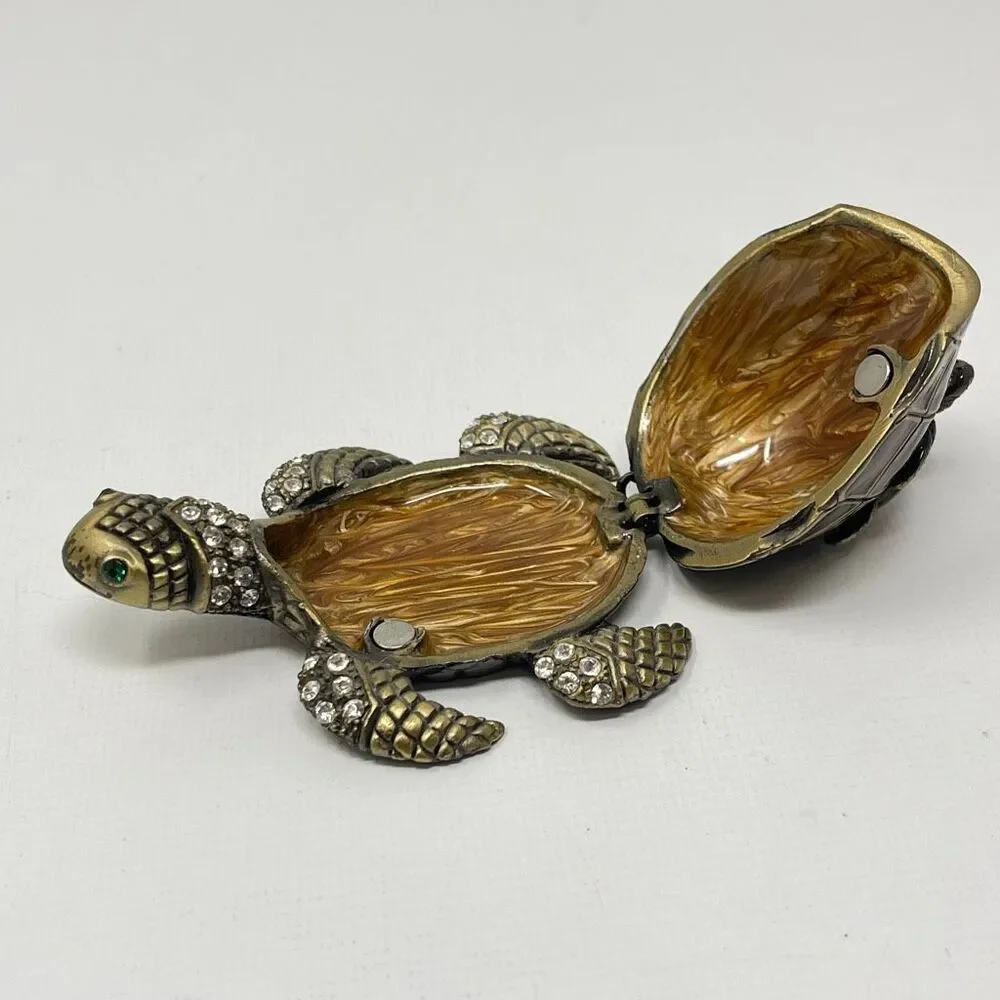 Sea Turtle & Baby Rhinestone Enamel Metal Trinket Pill Ring Box Hinged Magnetic